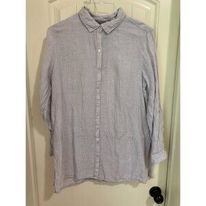 TAHARI WOMENS 100% LINEN BUTTON UP TUNIC SIZE LARGE GRAY LONG SLEEVE